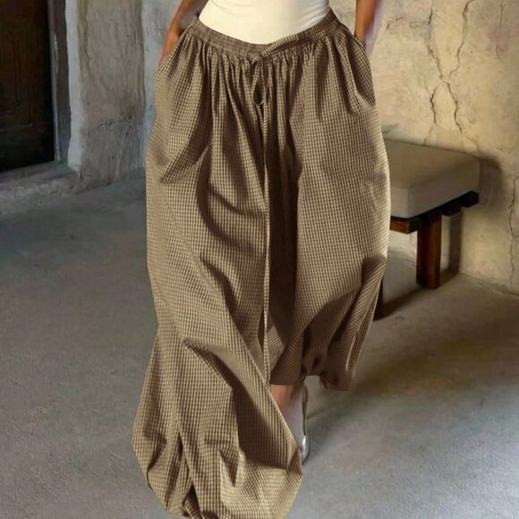 Brown Casual Women's Boho Plaid Loose Pants - Picture 5 of 8